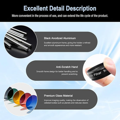 Astromania Telescope Eyepiece Filte Set 1.25 Inches, 4 Pcs Telescope Color Filter Set Including Red Yellow Green Blue, Eyepieces Filters Ideal Telescope Accessory for Planetary Moon Detail Observation