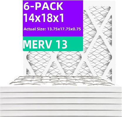 14x18x1 MERV 13 (6-Pack) Pleated Air Filter (Actual Size: 13.5"x17.5"x0.75") MPR 1900 & FPR 10, Furnace Air Filters 14x18x1 air filter