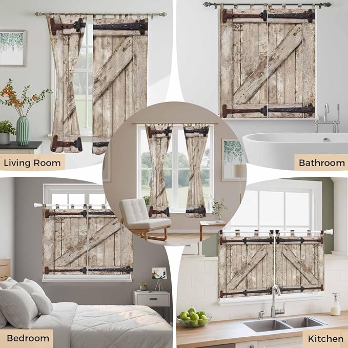 Farmhouse Wood Grain Kitchen Curtains 36 Inch Length, Small Window Curtains Tab Top, Vintage Country Barn Gate Brown Light Filtering Short Window Treatments Tier Drapes 27.5"x36" 2 Panel