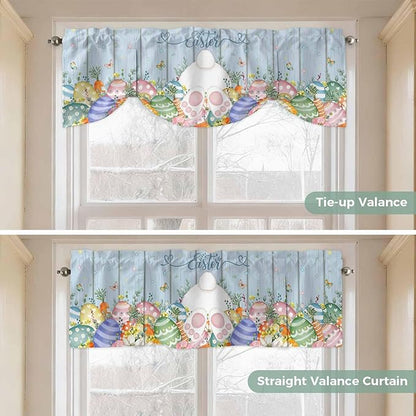 Spring Easter Tie Up Valance Curtains for Windows, Kitchen Curtains Window Shades, Rabbit Ears Foot Colorful Eggs Wooden Plank Light Filtering Roman Curtain Valances for Bedroom/Bathroom/Cafe 60"x18"
