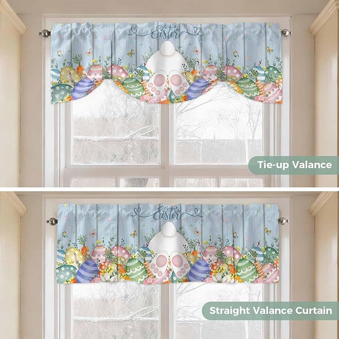Spring Easter Tie Up Valance Curtains for Windows, Kitchen Curtains Window Shades, Rabbit Ears Foot Colorful Eggs Wooden Plank Light Filtering Roman Curtain Valances for Bedroom/Bathroom/Cafe 42"x18"