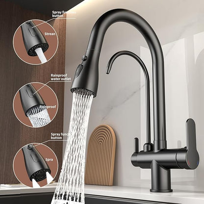 Kitchen Sink Faucet with Pull - Down Sprayer, 2 - Handle 3 - in - 1 Kitchen Sink Filter Faucet, Cold and Hot Mixer Drinking Water Faucet (3-in-1 Filter Faucet, Black)