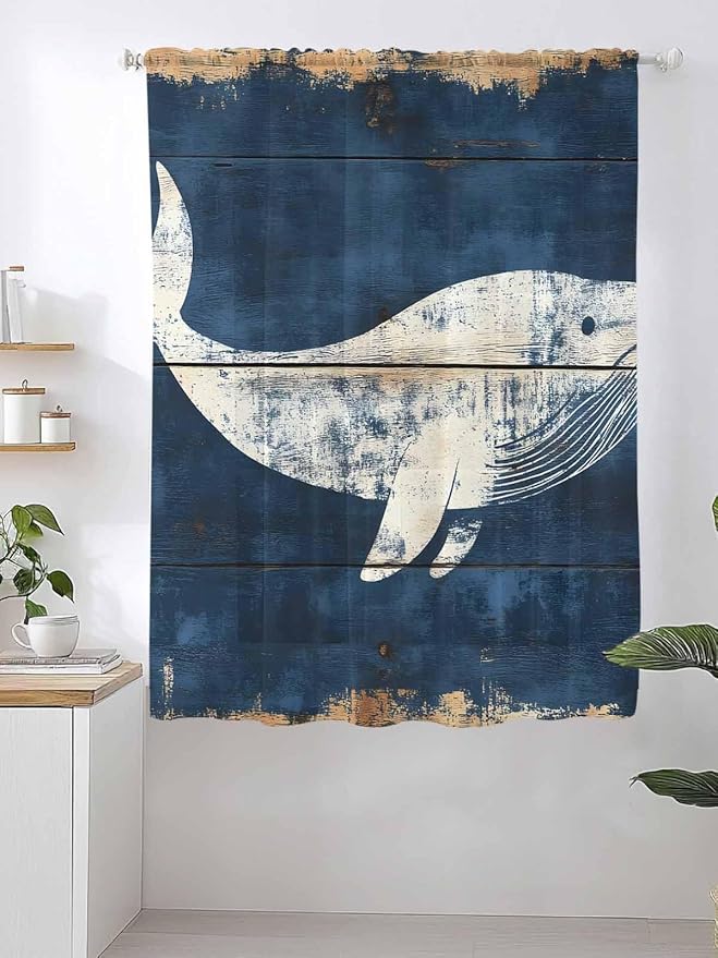 Sheer Curtains 72 Inches Long, Ocean Whale Blue Semi Sheer Curtains Light Filtering Window Treatment, Summer Sea Vintage Wooden Grain Privacy Voile Drapes for Living Room Bedroom 52x72 Inch