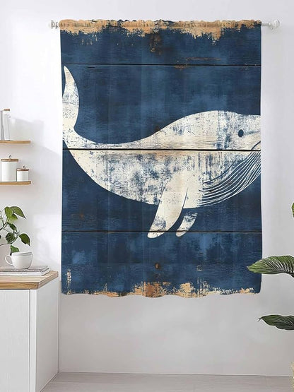 Sheer Curtains 63 Inch Length, Ocean Whale Blue Semi Sheer Curtains Light Filtering Window Treatment, Summer Sea Vintage Wooden Grain Privacy Voile Drapes for Living Room Bedroom 52x63 Inch