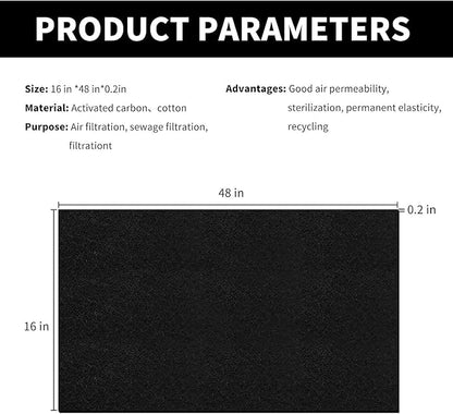 Cut-to-Fit Activated Carbon Filter Sheet Charcoal Air Vent Filters Pad Black Range Hood AC Replacement Fabric Filter 2 Pack 16" x 48" x 0.125"