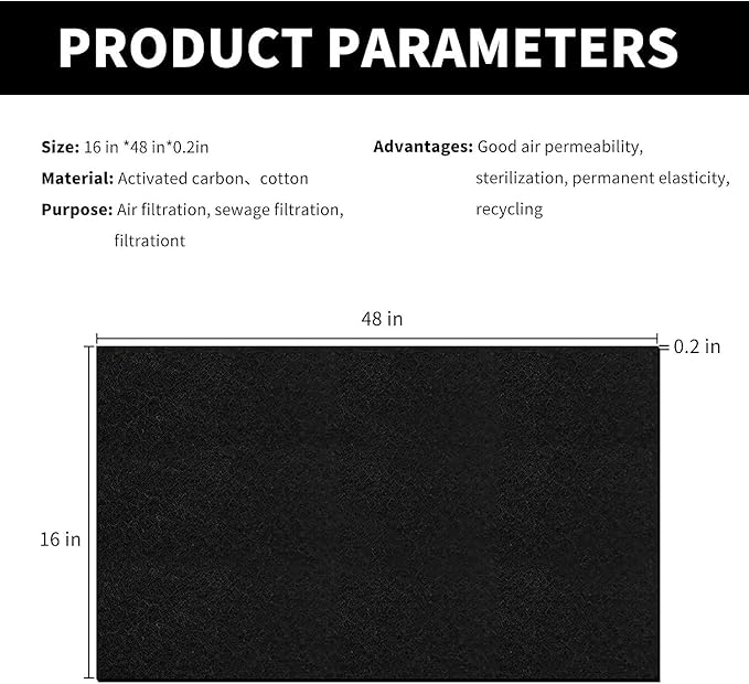 Cut-to-Fit Activated Carbon Filter Sheet Charcoal Air Vent Filters Pad Black Range Hood AC Replacement Fabric Filter 1 Pack 16" x 48" x 0.125"