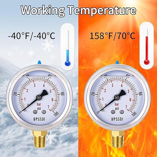 0-100 Psi Lead-Free Glycerin Liquid Filled Low Pressure Gauge, 2.5" Dial Size, 1/4" G Lower Mount, 304 Stainless Steel Case, for Water Pipe, HVAC, Water Oil Air Pressure Test