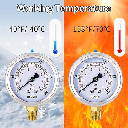 0-100 Psi Lead-Free Glycerin Liquid Filled Low Pressure Gauge, 2.5" Dial Size, 1/4" G Lower Mount, 304 Stainless Steel Case, for Water Pipe, HVAC, Water Oil Air Pressure Test