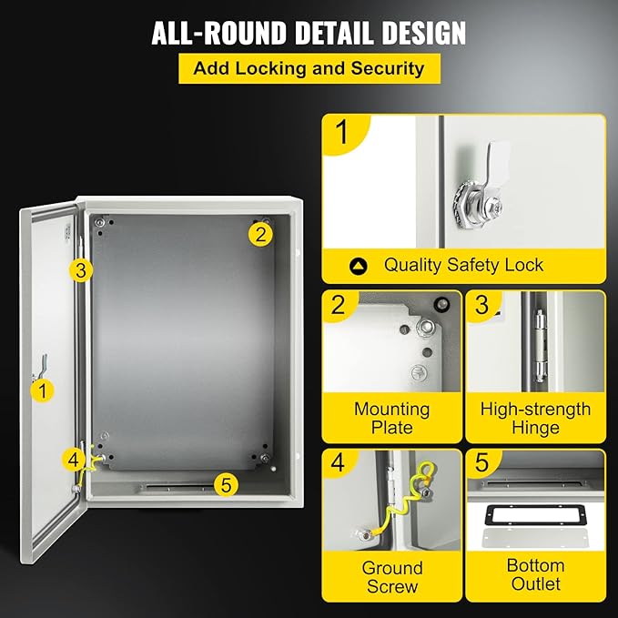 VEVOR Electrical Enclosure Box, 16'' ×12'' ×6'', Carbon Steel Hinged Junction Box, IP66 Waterproof & Dustproof, Outdoor Electrical Box, with Mounting Plate