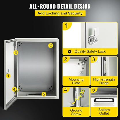 VEVOR Electrical Enclosure Box, 16'' ×12'' ×6'', Carbon Steel Hinged Junction Box, IP66 Waterproof & Dustproof, Outdoor Electrical Box, with Mounting Plate