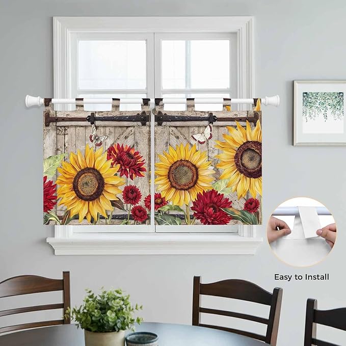 Sunflowers Kitchen Curtains 36 Inch Length, Small Window Curtains Tab Top, Retro Flower Barn Doors Butterfly Farmhouse Brown Light Filtering Short Window Treatments Tier Drapes 27.5"x36" 2 Panel