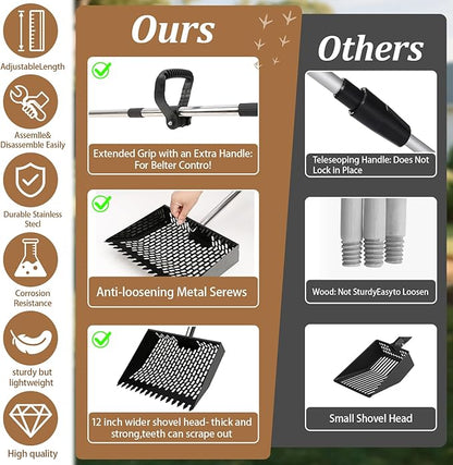12-Inch Heavy Duty Chicken Poop Scooper & Rake 2-in-1 with 36-77" Adjustable Stainless Steel Handle Ergonomic Metal Sifting Shovel for Chicken Coop, Goat Stall,Animals House Cleaning