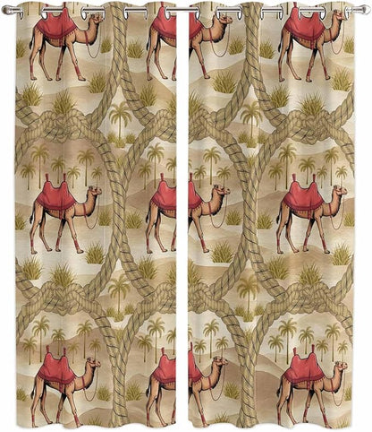 2 Panel Kitchen Cafe Curtains, Desert Camels Sunlight Filtering Nature Air Through, Home Decor Window Covering Tier Curtains for Living Room 104W x 90L inch Tropical Palm Trees Sand Cords Brown
