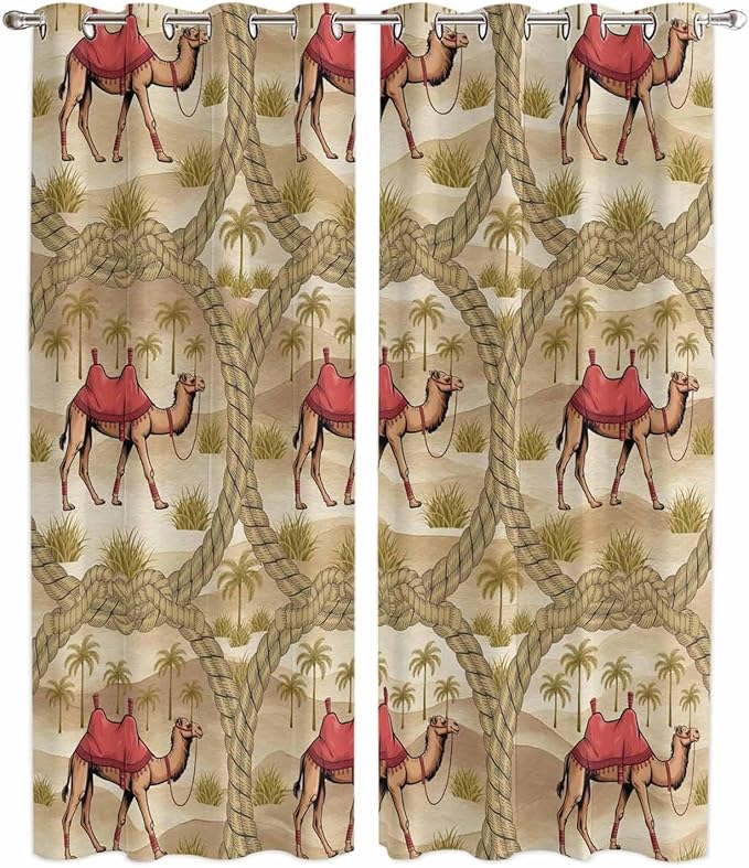 2 Panel Kitchen Cafe Curtains, Desert Camels Sunlight Filtering Nature Air Through, Home Decor Window Covering Tier Curtains for Living Room 80W x 84L inch Tropical Palm Trees Sand Cords Brown