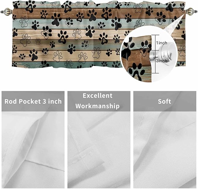 Dog Paws Valance Curtains for Kitchen, Teal Brown Wood Grain Privacy Rod Pocket Valance Curtain, Light-Filtering Window Treatment for Bedroom Bathroom, 60"x18"