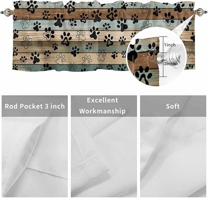 Dog Paws Valance Curtains for Kitchen, Teal Brown Wood Grain Privacy Rod Pocket Valance Curtain, Light-Filtering Window Treatment for Bedroom Bathroom, 60"x18"
