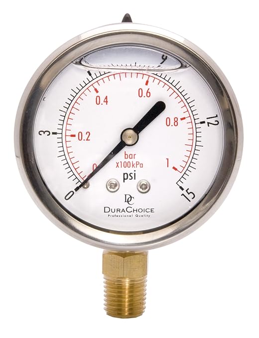 2-1/2" Oil Filled Pressure Gauge - Stainless Steel Case, Brass, 1/4" NPT, Lower Mount Connection, 0-15PSI