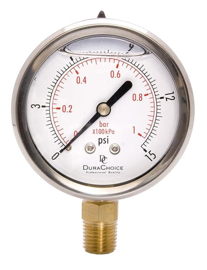 2-1/2" Oil Filled Pressure Gauge - Stainless Steel Case, Brass, 1/4" NPT, Lower Mount Connection, 0-15PSI