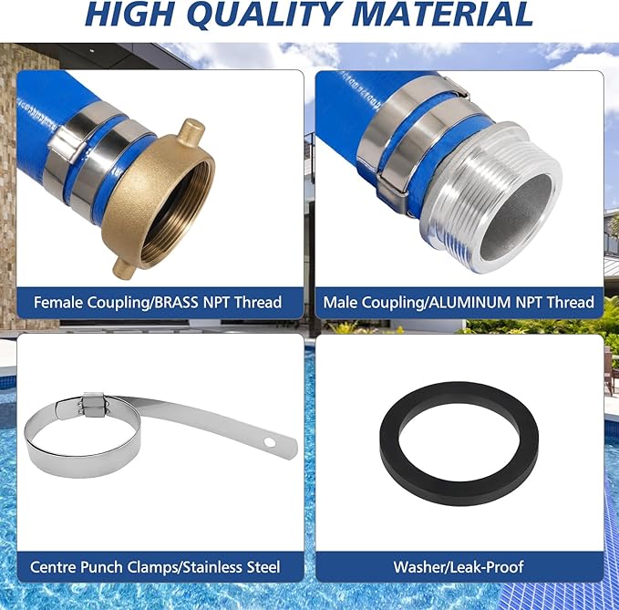 1.5" x 50 ft Backwash Hose for Swimming Pools, Heavy Duty PVC Lay Flat Water Discharge Hose,Durable Pool Drain Hose with Aluminum Pin Lug Fittings for Pump And Filters