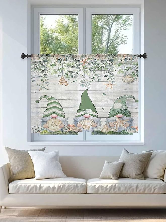 Sheer Curtains 54 Inch Length, Coastal Eucalyptus Leaf Semi Sheer Curtains Light Filtering Window Treatment, Sage Green Gnomes Starfish Privacy Voile Drapes for Living Room Bedroom 52x54 Inch