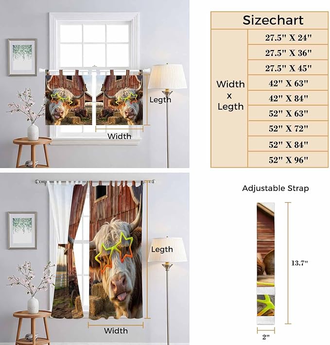 Farm Yaks Bedroom Curtains 72 Inch Length, Window Curtains Tab Top, Farmhouse Barn Funny Animals Butterfly Light Filtering Window Treatments Drapes 52"x72" 2 Panel