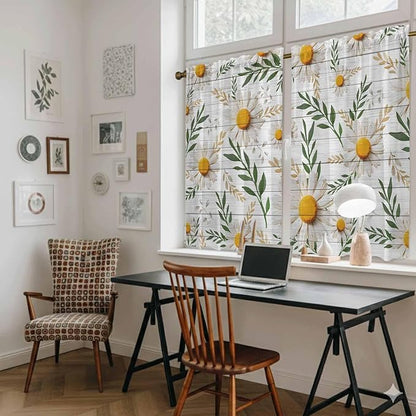 Spring Daisy Kitchen Curtains, Farmhouse Country Flower Leaf Plant Wood Grain Light Filtering Window Curtain Panels, 2Pcs Rod Pocket Window Treatments Set for Cabin Bathroom Bedroom 52x45 Inches