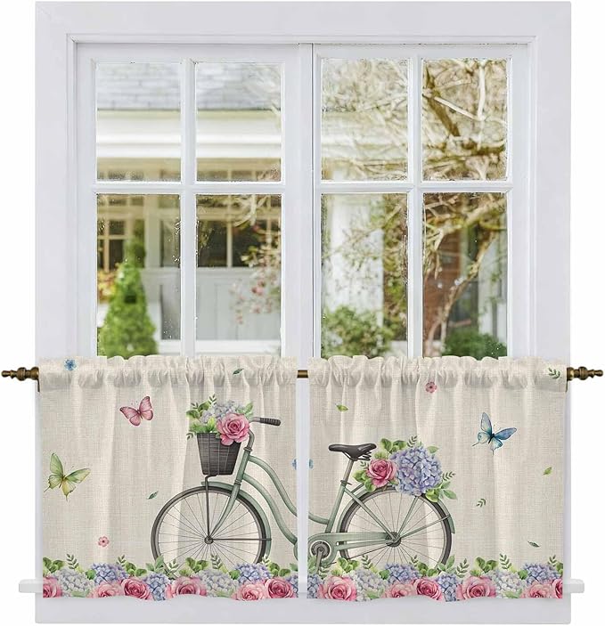 Farmhouse Spring Tier Curtains, Retro Bicycles Flowers Vines Butterfly Light Filtering Kitchen Curtains, 2Pcs Rod Pocket Half Window Treatments Panels for Sink Cafe Cabinet Camper 27.5x24 Inches