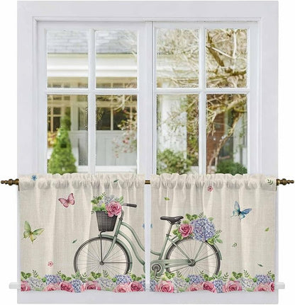 Farmhouse Spring Tier Curtains, Retro Bicycles Flowers Vines Butterfly Light Filtering Kitchen Curtains, 2Pcs Rod Pocket Half Window Treatments Panels for Sink Cafe Cabinet Camper 27.5x24 Inches