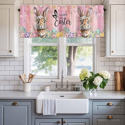 Easter Curtain Valances for Windows, Kitchen Valance Window Treatment, Spring Rabbit Eggs Flowers Flags Leaves Wood Grain Light Filtering Block Curtains for Bathroom/Bedroom/Living Room 60'' x 18''