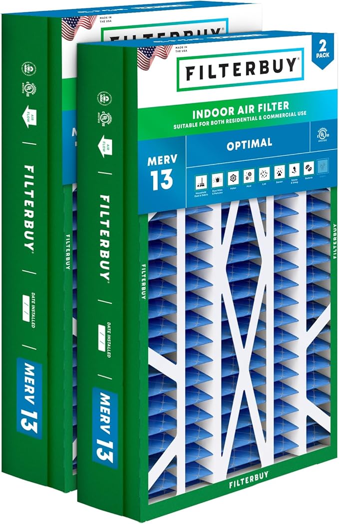 Filterbuy 14.5x27x5 Air Filter MERV 13 Optimal Smoke & Allergy Defense (2-Pack), Pleated HVAC AC Furnace Filters for Trane, American Standard, Honeywell, and More (Actual Size: 14.06 x 26.13 x 4.97)
