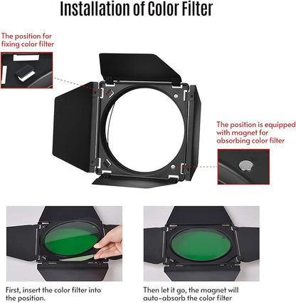 GODOX Barn Door with Honeycomb Grid 4 Color Gel Filters for 7 Inch Standard Reflector Replacement for GODOX SL60W SL150II SK400II Studio Light Portrait Still Life Photography
