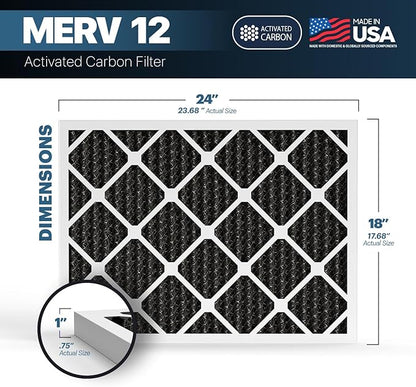 BNX TruFilter 18x24x1 MERV 12 Odor Defense (6-Pack) AC Furnace Air Filter with Activated Carbon - MADE IN USA - Pleated Air Conditioner HVAC AC Furnace Filters - Removes Odor, Mold, Bacteria, Smoke