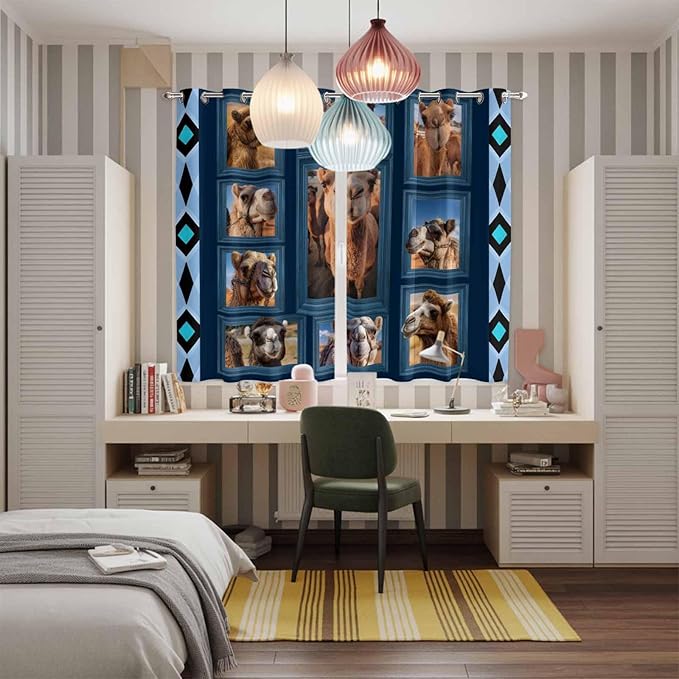 2 Panel Kitchen Cafe Curtains, Desert Camels Sunlight Filtering Nature Air Through, Home Decor Window Covering Tier Curtains for Living Room 104W x 84L inch Wildlife Brown Animals Blue Geometric