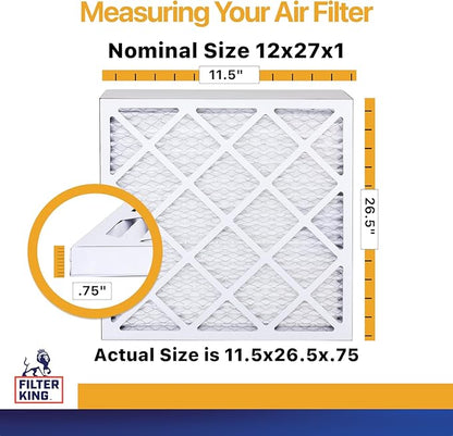 Filter King 12x27x1 Air Filter | 6-PACK | MERV 13 HVAC Pleated A/C Furnace Filters | MADE IN USA | Actual Size: 11.5 x 26.5 x .75"
