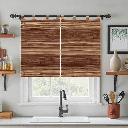Brown Western Kitchen Curtains 45 Inch Length, Short Cafe Window Curtains Tab Top, Vintage Farmhouse Wood Barn Door Light Filtering Window Treatments Tier Drapes 27.5"x45" 2 Panel