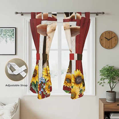 Sheep Sunflower Bathroom Curtains 63 Inch Length, Window Curtains Tab Top, Country Red Farm Barn Spring Flowers Light Filtering Window Treatments Drapes 52"x63" 2 Panel