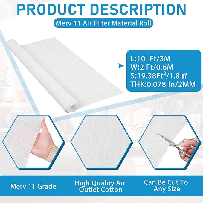 Pangda Merv 11 Air Filter Material 118'' x 23.6'' Cut to Fit Size Air Vent Filters for Home Register Vents Fan DIY Purification Clean Living, Stop Most Particles Dust Pet Dander, 19.37 Ft²