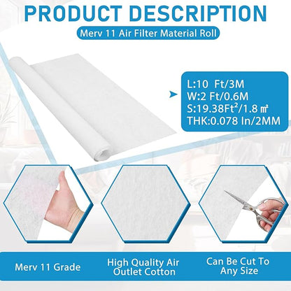 Pangda Merv 11 Air Filter Material 118'' x 23.6'' Cut to Fit Size Air Vent Filters for Home Register Vents Fan DIY Purification Clean Living, Stop Most Particles Dust Pet Dander, 19.37 Ft²