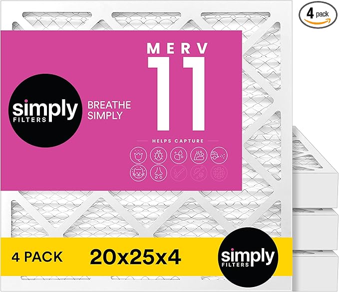 Simply 20x25x4 Air Filter, MERV 11, 4 Pack, Furnace Air Filter for HVAC (Actual Size:19.5"x24.5"x3.63") DUST, Pet, & Allergy Control