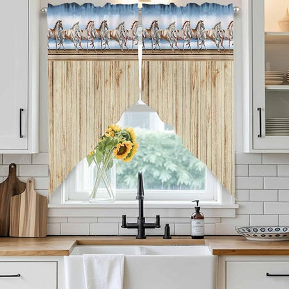 Western Horse Swag Valances for Windows, Farmhouse Wooden Grain Vintage Cowboy Barn Door Rod Pocket Kitchen Curtains Valance, Small Window Curtains Swag for Cafe Living Room, 2 Panels, 28x36 inch