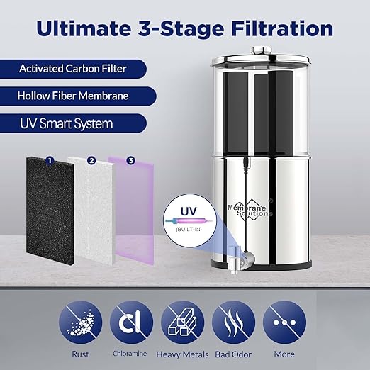 Membrane Solutions UV Countertop Water Filtration System, Stainless Steel 2.25G Gravity Water Filter with 3 Pack 0.1-Micron UF Filters, for Home, Camping, and RVing (U3P)