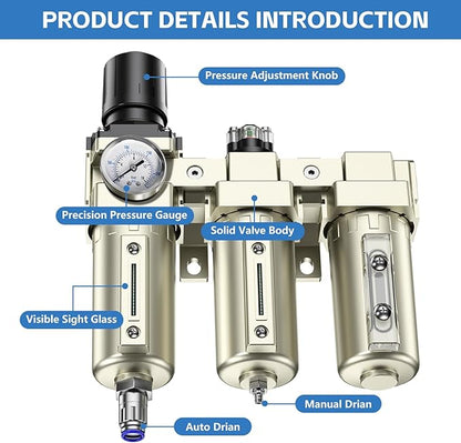 1/2" NPT 3 Stage Air Drying System,Heavy Duty Industrial Grade Air Compressor Water Separator System,Filter Oil Water Separator Dryer for Plasma Cutter and Paint Spray,0-240 PSI,Auto Drain