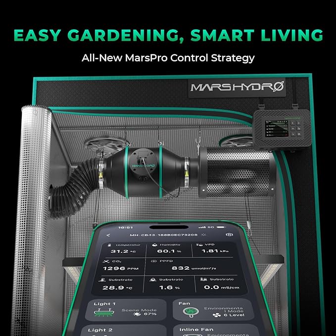 MARS Hydro 4" Smart Air Filtration Kit, Inline Duct Fan with iControl Temperature & Humidity Controller, App Remote Control, Carbon Filter Combo +25Ft Ducting, Grow Tent Hydroponics Ventilation System