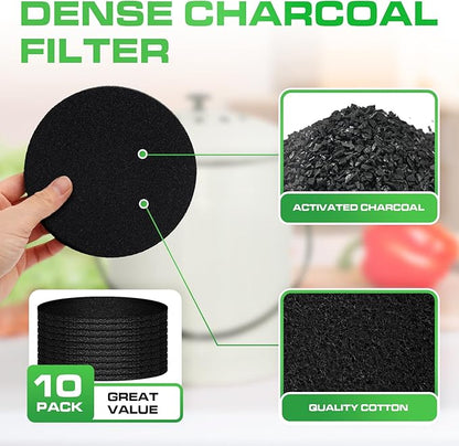 Plexon 10 Packs Charcoal Filters for Compost Bucket Countertop Bin 1.5 Gallon - Kitchen Natural Home Compost Bin Filter - Replacement Refill, Round 6.5 inch