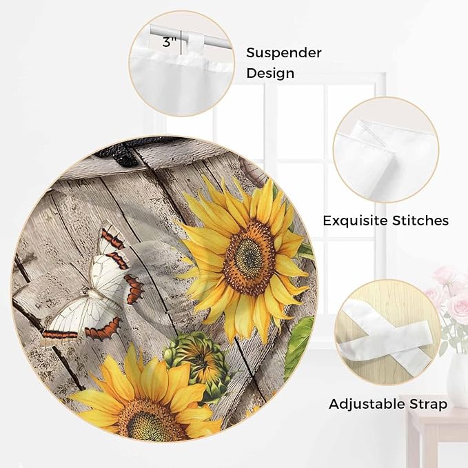 Farmhouse Sunflowers Kitchen Curtains 24 Inch Length, Small Window Curtains Tab Top, Rustic Barn Doors Flowers Butterfly Wooden Light Filtering Short Window Treatments Tier Drapes 27.5"x24" 2 Panel