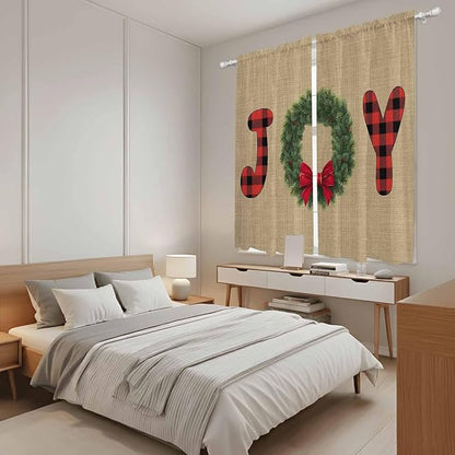 Red Green Christmas Window Curtains 63 Inch Long 2 Panel Set, Rod Pocket Bedroom Curtains & Drapes, Xmas Botanical Winter Farmhouse Light Filtering Window Treatment for Living Room 42"W x 63"L