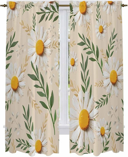 Spring Daisy Kitchen Curtains, Country Watercolor Flower Leaf Plant Light Filtering Window Curtain Panels, 2Pcs Rod Pocket Window Treatments Set for Living Room Bathroom Bedroom 52x72 Inches