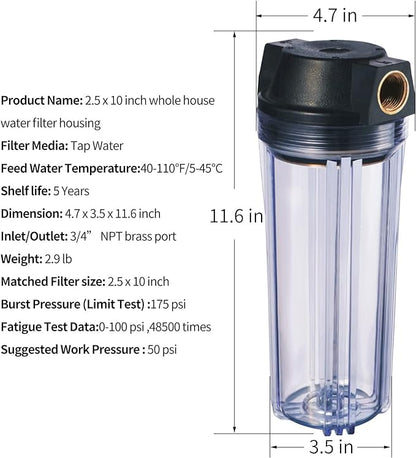 Geekpure 10-Inch Whole House Slim Water Filter Housing with Pressure Relief Valve - 3/4" NPT Brass Port-Fit for 2.5" x 10" Filters-Clear (1)