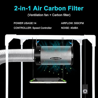 MELONFARM 4 inch Air Carbon Filter Smelliness Control with Australia Virgin Charcoal, Built-in 14cm Fan Low Nois and Speed Controller, Smelliness Scrubber for Inline Duct Fan, Grow Tent 4" x 12.6"