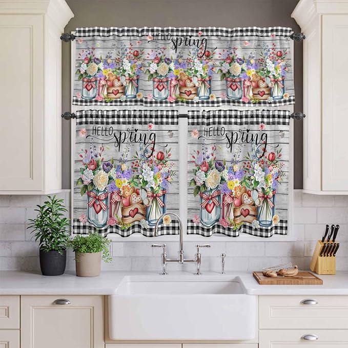 Spring Flowers Kitchen Curtain Set, Farmhouse Black Plaid Wood Grain Window Valance and Tiers 36" Length, Light Filtering Short Curtains Valance for Cafe Bathroom Bedroom 54"x18"